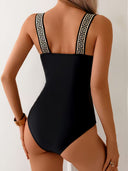 Women's Greek Key One Piece Swimsuit – Square Neck Wide Strap Side Trim Swimwear