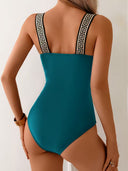 Women's Greek Key One Piece Swimsuit – Square Neck Wide Strap Side Trim Swimwear
