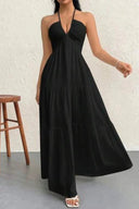 Women's Halter Maxi Dress – V Neck Backless Pleated Tiered A-Line Summer Dress