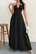 Women's Halter Maxi Dress – V Neck Backless Pleated Tiered A-Line Summer Dress