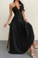 Women's Halter Maxi Dress – V Neck Backless Pleated Tiered A-Line Summer Dress