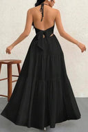 Women's Halter Maxi Dress – V Neck Backless Pleated Tiered A-Line Summer Dress