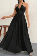 Women's Halter Maxi Dress – V Neck Backless Pleated Tiered A-Line Summer Dress