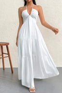 Women's Halter Maxi Dress – V Neck Backless Pleated Tiered A-Line Summer Dress