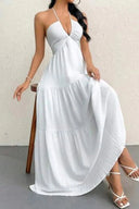 Women's Halter Maxi Dress – V Neck Backless Pleated Tiered A-Line Summer Dress