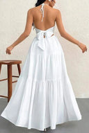 Women's Halter Maxi Dress – V Neck Backless Pleated Tiered A-Line Summer Dress