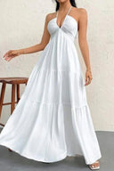 Women's Halter Maxi Dress – V Neck Backless Pleated Tiered A-Line Summer Dress