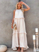 Women's Halter Neck Maxi Dress – Sleeveless Ruffle Tiered Beach Wedding Guest Dress
