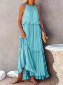 Women's Halter Neck Maxi Dress – Sleeveless Ruffle Tiered Beach Wedding Guest Dress