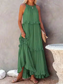 Women's Halter Neck Maxi Dress – Sleeveless Ruffle Tiered Beach Wedding Guest Dress