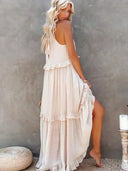 Women's Halter Neck Maxi Dress – Sleeveless Ruffle Tiered Beach Wedding Guest Dress