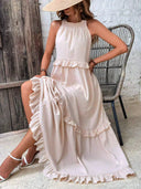 Women's Halter Neck Maxi Dress – Sleeveless Ruffle Tiered Beach Wedding Guest Dress