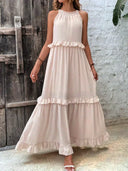 Women's Halter Neck Maxi Dress – Sleeveless Ruffle Tiered Beach Wedding Guest Dress