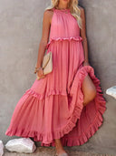 Women's Halter Neck Maxi Dress – Sleeveless Ruffle Tiered Beach Wedding Guest Dress