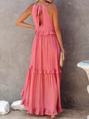 Women's Halter Neck Maxi Dress – Sleeveless Ruffle Tiered Beach Wedding Guest Dress