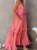 Women's Halter Neck Maxi Dress – Sleeveless Ruffle Tiered Beach Wedding Guest Dress