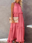 Women's Halter Neck Maxi Dress – Sleeveless Ruffle Tiered Beach Wedding Guest Dress
