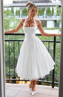 Women's Halter Neck Midi Dress – Straight Bodice Full A-Line Gathered Skirt