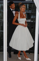 Women's Halter Neck Midi Dress – Straight Bodice Full A-Line Gathered Skirt