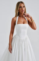 Women's Halter Neck Midi Dress – Straight Bodice Full A-Line Gathered Skirt