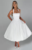 Women's Halter Neck Midi Dress – Straight Bodice Full A-Line Gathered Skirt