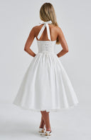 Women's Halter Neck Midi Dress – Straight Bodice Full A-Line Gathered Skirt