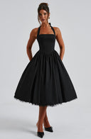 Women's Halter Neck Midi Dress – Straight Bodice Full A-Line Gathered Skirt