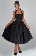 Women's Halter Neck Midi Dress – Straight Bodice Full A-Line Gathered Skirt