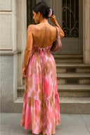 Women's Ikat Print Maxi Dress – V Neck Smocked Tie Back Tiered Sundress Resort Wear