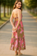 Women's Ikat Print Maxi Dress – V Neck Smocked Tie Back Tiered Sundress Resort Wear