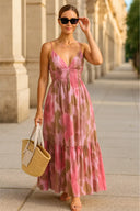 Women's Ikat Print Maxi Dress – V Neck Smocked Tie Back Tiered Sundress Resort Wear