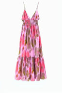 Women's Ikat Print Maxi Dress – V Neck Smocked Tie Back Tiered Sundress Resort Wear