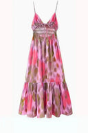 Women's Ikat Print Maxi Dress – V Neck Smocked Tie Back Tiered Sundress Resort Wear