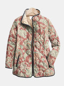 Women's Jacobean Floral Quilted Jacket – Stand Collar Contrast Trim Snap Button