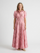 Women's Jacquard Floral Maxi – Shirt Collar Puff Sleeve Belted Dress