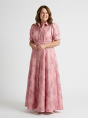 Women's Jacquard Floral Maxi – Shirt Collar Puff Sleeve Belted Dress