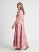 Women's Jacquard Floral Maxi – Shirt Collar Puff Sleeve Belted Dress