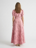 Women's Jacquard Floral Maxi – Shirt Collar Puff Sleeve Belted Dress