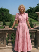 Women's Jacquard Floral Maxi – Shirt Collar Puff Sleeve Belted Dress