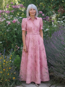 Women's Jacquard Floral Maxi – Shirt Collar Puff Sleeve Belted Dress