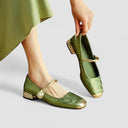 Women's Jacquard Twisted Strap Mary Jane Shoes – Rhinestone Block Heel Square Toe