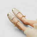 Women's Jacquard Twisted Strap Mary Jane Shoes – Rhinestone Block Heel Square Toe