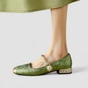 Women's Jacquard Twisted Strap Mary Jane Shoes – Rhinestone Block Heel Square Toe