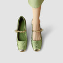 Women's Jacquard Twisted Strap Mary Jane Shoes – Rhinestone Block Heel Square Toe