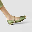 Women's Jacquard Twisted Strap Mary Jane Shoes – Rhinestone Block Heel Square Toe