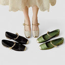 Women's Jacquard Twisted Strap Mary Jane Shoes – Rhinestone Block Heel Square Toe