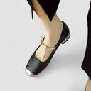 Women's Jacquard Twisted Strap Mary Jane Shoes – Rhinestone Block Heel Square Toe