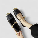 Women's Jacquard Twisted Strap Mary Jane Shoes – Rhinestone Block Heel Square Toe