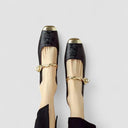 Women's Jacquard Twisted Strap Mary Jane Shoes – Rhinestone Block Heel Square Toe
