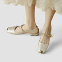 Women's Jacquard Twisted Strap Mary Jane Shoes – Rhinestone Block Heel Square Toe